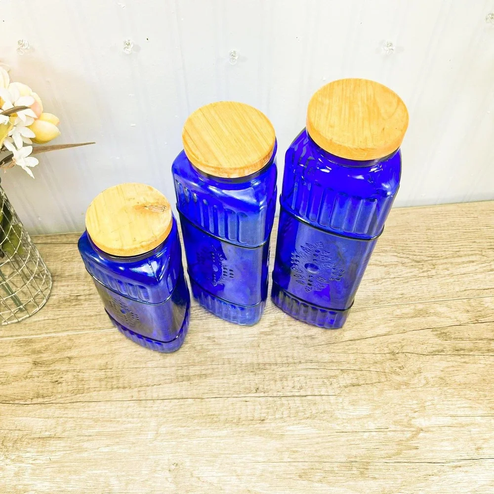 Vintage Cobalt Blue Canister Set of 3: Blue Glass Jars‎ with Wood Lids